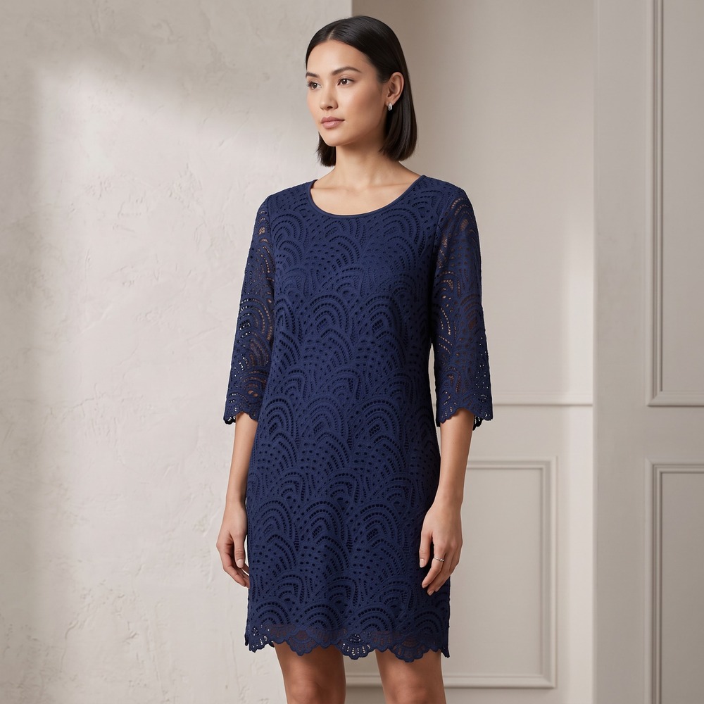 Ronni Nicole Navy Blue Lace Shift Dress Scalloped Office Siren Cocktail Size 10